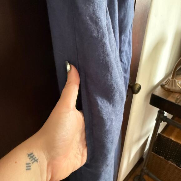 ANOTHER PLACE | Navy Blue Linen Bow Front Relaxed Shift Midi Dress | Small - Picture 6 of 6